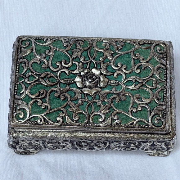 Other - Vintage Ornate Metal Filigree Footed Trinket Box Raised Rose Hinged Casket